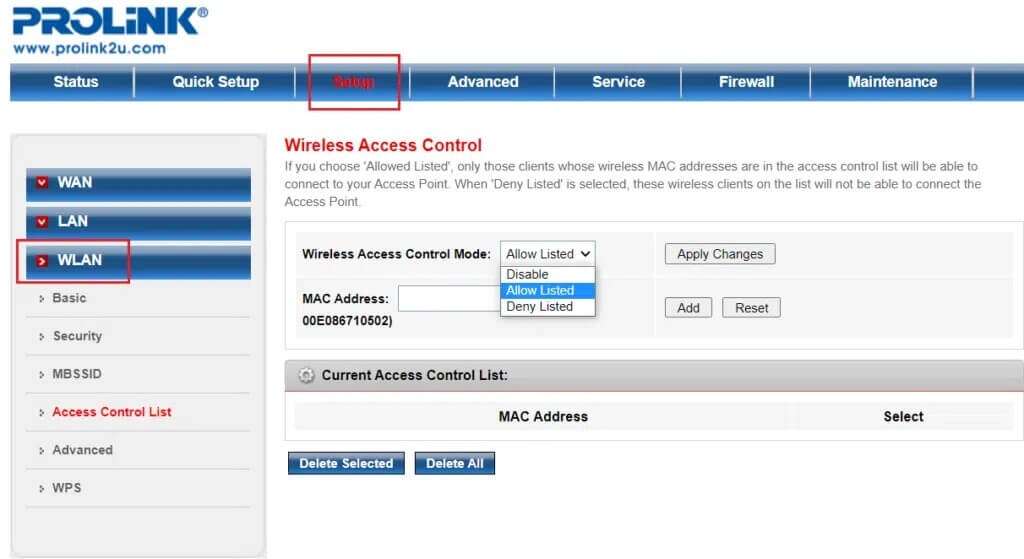 Select-the-Setup-tab-and-click-on-the-WLAN-menu-option-at-the-left-pane-in-prolink-router-settings-1024x559-1-1024x559 كيفية زيادة سرعة الإنترنت في Windows 11