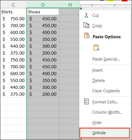 Unhide-ExcelColumns كيفية إخفاء أو إظهار الأعمدة في Microsoft Excel