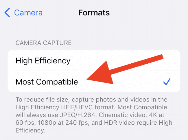 choose-the-most-compatible-option كيفية جعل iPhone يستخدم ملفات JPG و MP4 بدلاً من HEIF و HEIC و HEVC