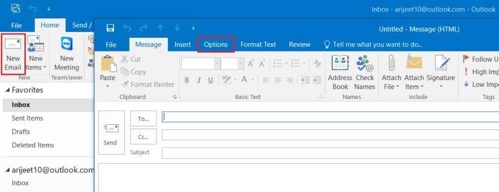 click on New email then select options tab in the new email window at Outlook program 1024x396 1 1024x396 - كيفية إيقاف تشغيل إيصال قراءة البريد الإلكتروني في Outlook
