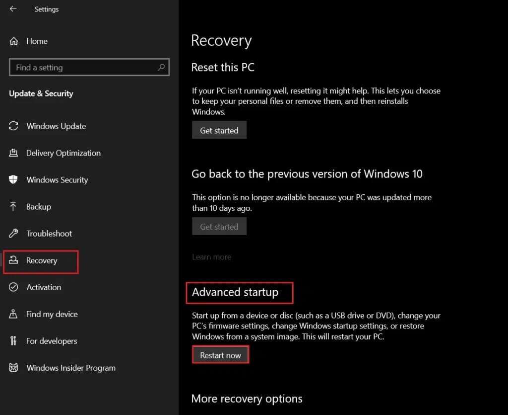 click-on-Recovery-menu-and-select-Restart-now-option-under-advanced-startup-1024x835-1-1024x835 كيفية تمهيد Windows 10 في وضع الاسترداد