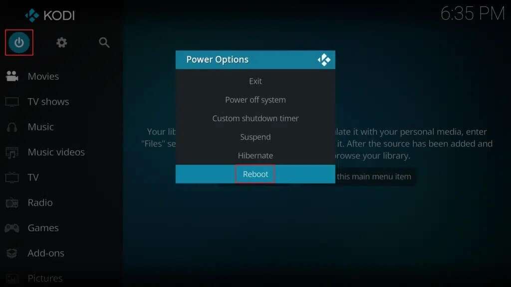 click-on-power-icon-and-select-reboot-option-in-kodi-app-1024x576-1-1024x576 كيفية تثبيت Kodi