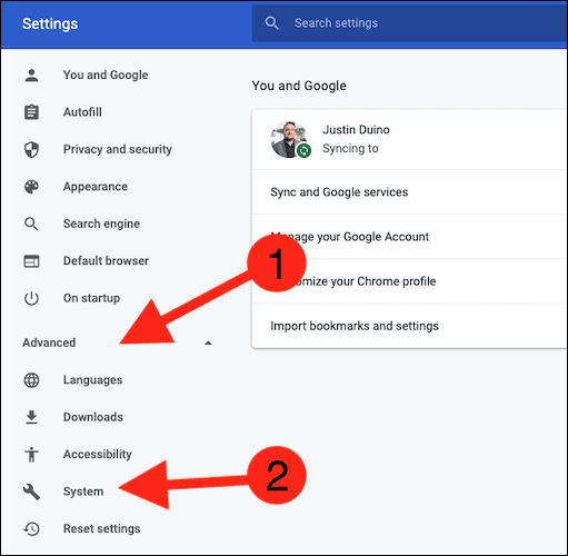 expand-the-advanced-menu-and-select-system كيفية تشغيل وإيقاف تسريع الأجهزة في Chrome