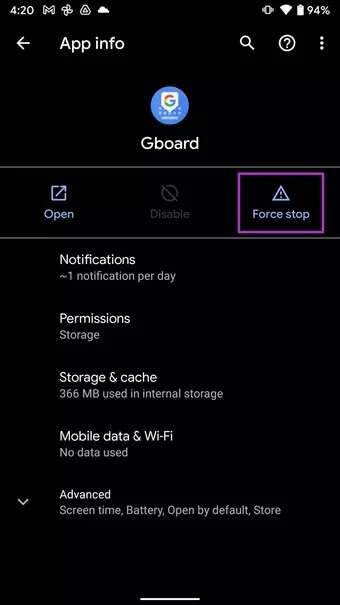 force-stop-gboard_7c4a12eb7455b3a1ce1ef1cadcf29289-340x605 أفضل 7 طرق لإصلاح توقف لوحة مفاتيح Android (AOSP)