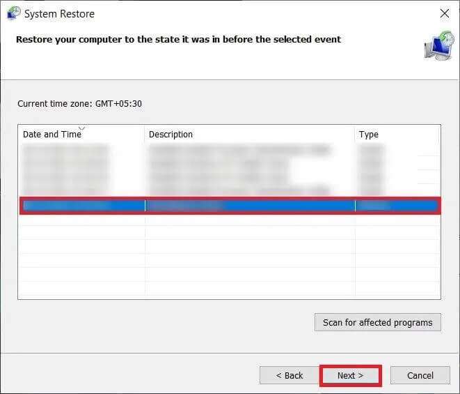 now-select-your-desired-system-restore-point-form-661x565 إصلاح شاشة الموت الصفراء على Windows 10