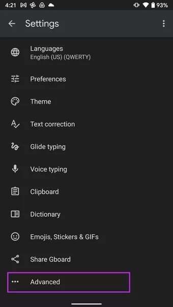 open-gboard-advanced-menu_7c4a12eb7455b3a1ce1ef1cadcf29289-340x605 أفضل 7 طرق لإصلاح توقف لوحة مفاتيح Android (AOSP)