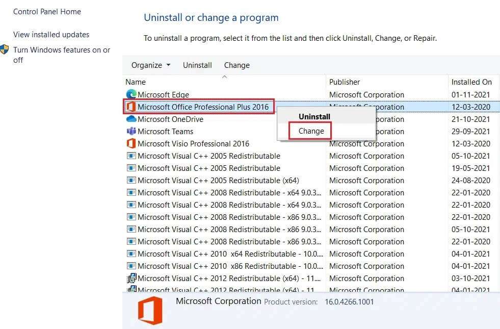 right-click-on-microsoft-office-and-select-change-option-in-programs-and-features-uninstall-a-program-menu-1-981x645 حل مشكلة توقف Microsoft Office Word عن العمل Windows 10