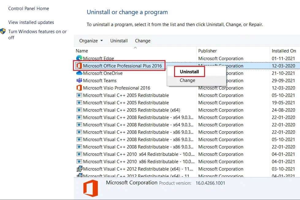 right-click-on-microsoft-office-and-select-uninstall-option-in-programs-and-features-uninstall-a-program-menu-979x652 حل مشكلة توقف Microsoft Office Word عن العمل Windows 10