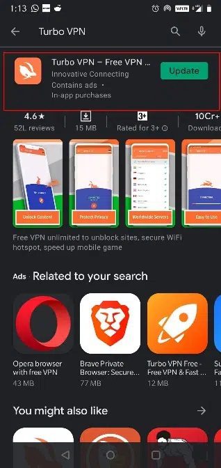 search-for-turbo-vpn-in-play-store- إصلاح محاولة تسجيل الدخول المشبوهة في Instagram