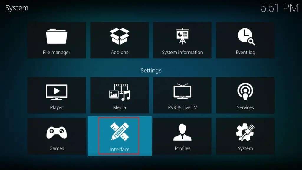 select-Interface-settings-in-Kodi-app-1024x576-1-1024x576 كيفية إضافة المفضلة في Kodi