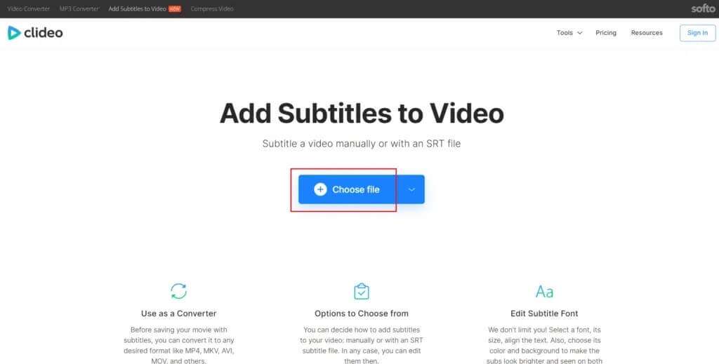 select-choose-file-button-in-clideo-web-tool-1024x519-1-1024x519 كيفية إضافة الترجمة إلى الفيلم بشكل دائم