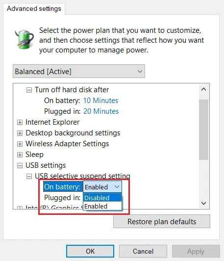 select-on-battery-settings-to-disabled-in-usb-selective-supend-settings-in-usb-settings-in-Change-advanced-power-settings-window-457x532 إصلاح عدم عمل قارئ بطاقة Realtek على  Windows 10