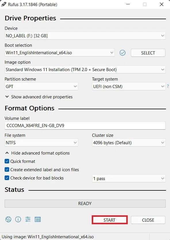 start-option-in-rufus-591x837 كيفية إنشاء محرك أقراص USB قابل للتشغيل بنظام Windows 11