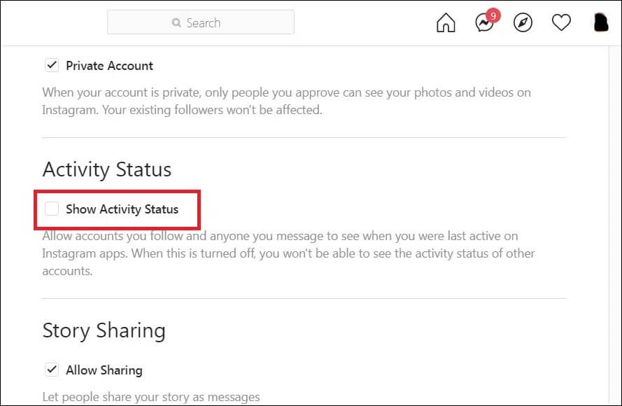 untick-the-show-activity-status-box كيف ترى آخر ظهور على Instagram