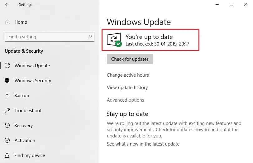 windows-update-youre-up-to-date-message-1-812x523 إصلاح خطأ في جهاز الإدخال / الإخراج في Windows 10