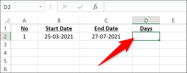2-select-cell-1 كيفية البحث عن عدد الأيام بين تاريخين في Microsoft Excel