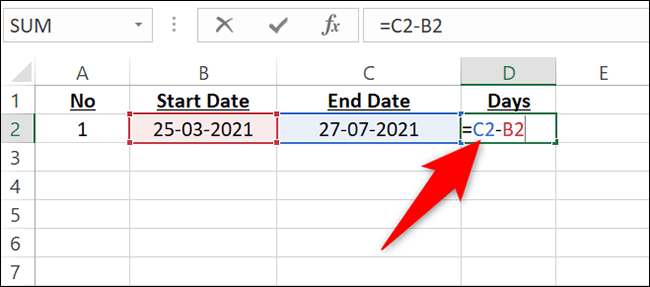 3-enter-days-formula كيفية البحث عن عدد الأيام بين تاريخين في Microsoft Excel