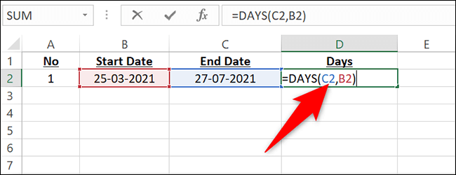 5-enter-days-function كيفية البحث عن عدد الأيام بين تاريخين في Microsoft Excel