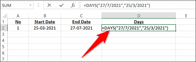 6-enter-days-function-with-direct-values كيفية البحث عن عدد الأيام بين تاريخين في Microsoft Excel