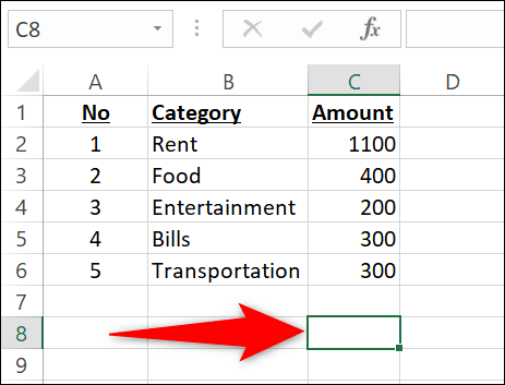 6-select-c8-cell كيفية إضافة أرقام في Microsoft Excel