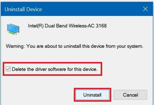 Checkmark-Delete-the-driver-software-for-this-device-Click-on-Uninstall-511x349 إصلاح مشكلة عدم عمل محول Wi-Fi في Windows 10