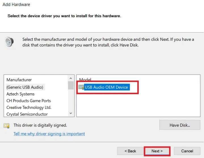 Choose-the-model-of-your-audio-device-and-click-Next-719x557 إصلاح خطأ عدم تثبيت أجهزة الصوت على Windows 10