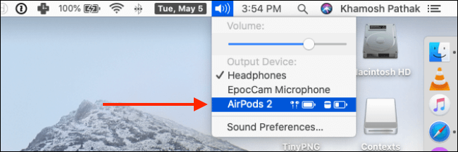 Choose-your-AirPods-from-Volume-Control كيفية توصيل Apple AirPods أو AirPods Pro بجهاز Mac