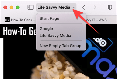 Click-on-Tab-Group-label-to-reveal-other-tab-groups-in-Safari كيفية استخدام مجموعات علامات التبويب في Safari على جهاز Mac