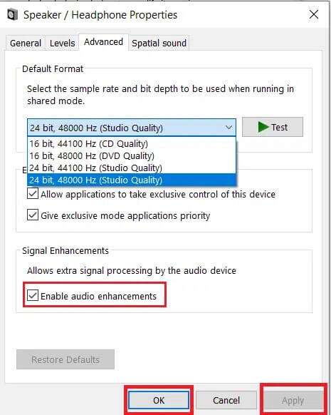 Enable-Disable-Audio-Ehancements-Speaker-Headphone-Properties-465x582 إصلاح خطأ عدم تثبيت أجهزة الصوت على Windows 10