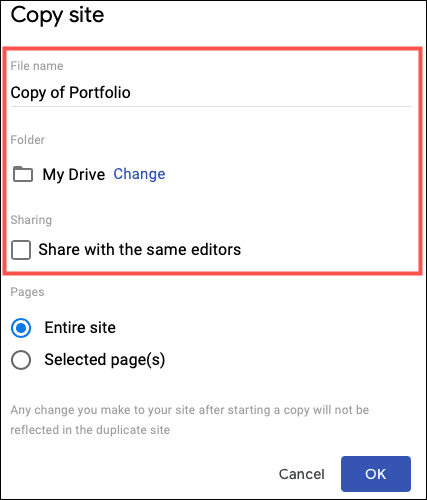 EnterSiteDetails-GoogleSitesCopyPages كيفية نسخ مجموعة من الصفحات على Google Sites