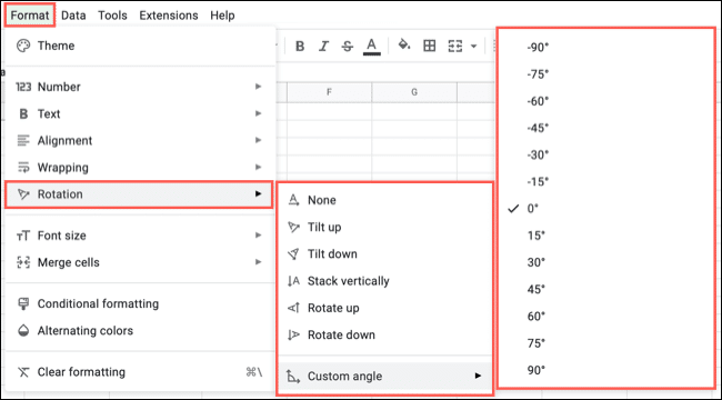 FormatRotation-GoogleSheetsRotateText كيفية تدوير النص في Google Sheets