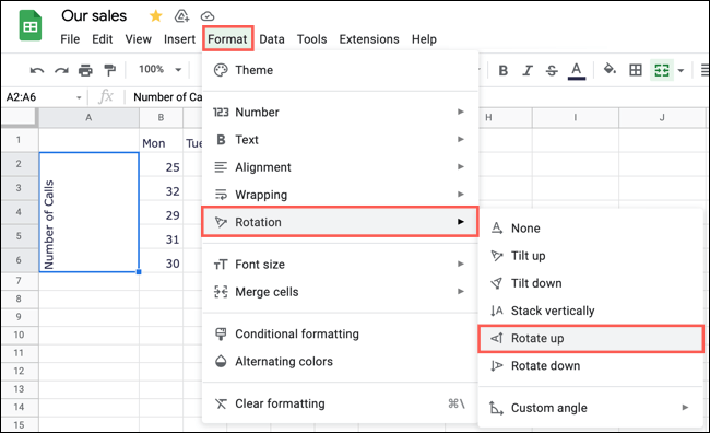 FormatRotationUp-GoogleSheetsRotateText كيفية تدوير النص في Google Sheets