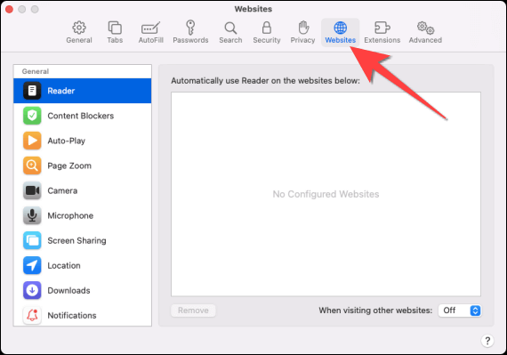 Go-to-Websites-Tab كيفية تعطيل Pop-Up Blocker في Safari على Mac