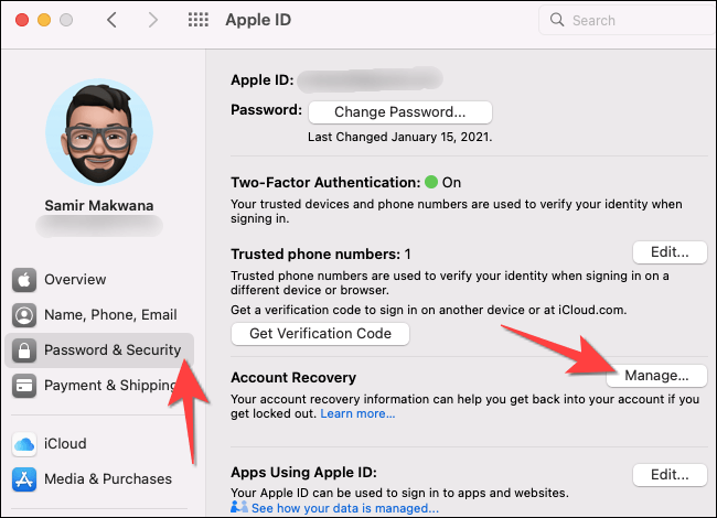In-Password-security-section-click-on-manage-on-mac كيفية إعداد جهة اتصال للاسترداد على iPhone و iPad و Mac