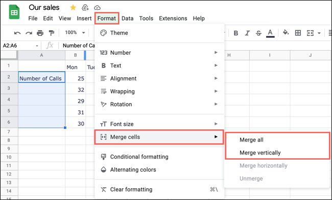 MergeCells-GoogleSheetsRotateText كيفية تدوير النص في Google Sheets