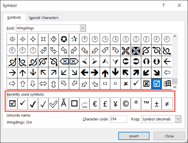 RecentlyUsedSymbols-ExcelCheckMark كيفية إدراج علامة اختيار في Microsoft Excel
