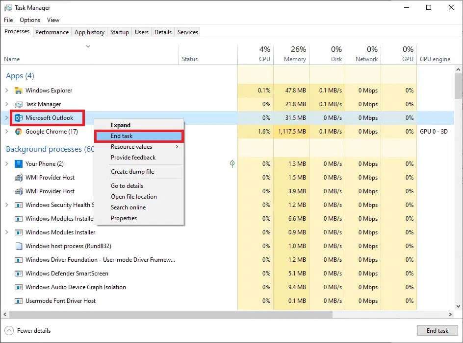 Right-click-on-it-and-choose-End-task-from-the-menu-944x701 إصلاح عدم فتح تطبيق Outlook في Windows 10