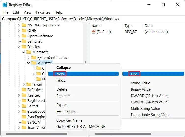 Right-click-on-the-Windows-folder-and-select-New-then-click-on-Key-Windows-11-754x559 كيفية تعطيل البحث عبر الإنترنت من قائمة ابدأ في Windows 11