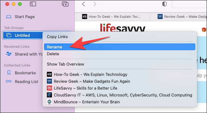 Right-click-on-untitled-group-and-select-rename-in-Safari كيفية استخدام مجموعات علامات التبويب في Safari على جهاز Mac