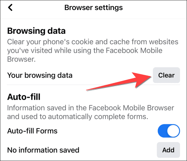 Select-Clear-button-in-browsing-data-section-in-facebook-app كيفية مسح ذاكرة التخزين المؤقت لتطبيق Facebook على iPhone