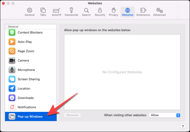 Select-Pop-up-Windows كيفية تعطيل Pop-Up Blocker في Safari على Mac