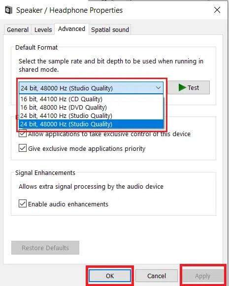 Select-Sample-rate-and-bit-depth-Speaker-headphone-properties-465x582 إصلاح خطأ عدم تثبيت أجهزة الصوت على Windows 10