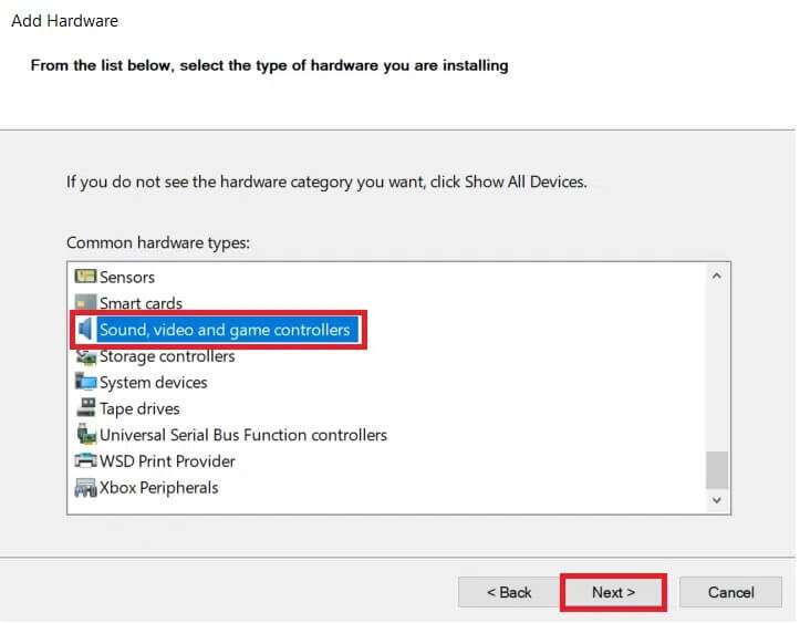 Select-Sound-video-and-game-controllers-in-the-Common-hardware-type-and-click-Next-723x563 إصلاح خطأ عدم تثبيت أجهزة الصوت على Windows 10