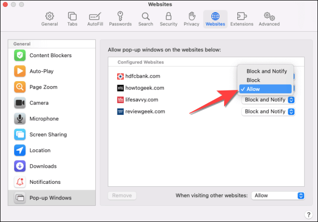 Select-allow-for-pop-ups-from-specific-sites كيفية تعطيل Pop-Up Blocker في Safari على Mac