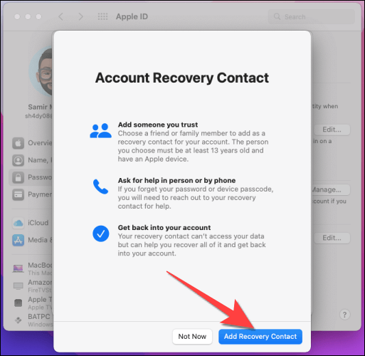 Select-the-add-recovery-contact-button-on-mac كيفية إعداد جهة اتصال للاسترداد على iPhone و iPad و Mac