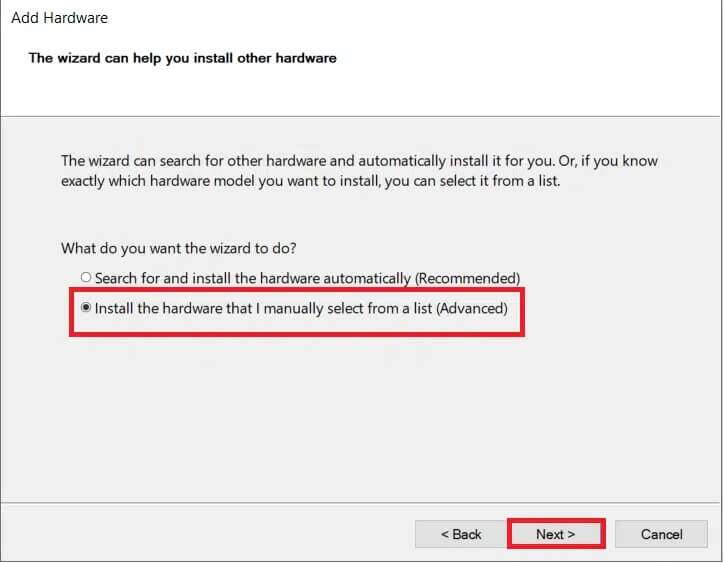 Select-the-option-Install-the-hardware-that-I-manually-select-from-a-list-Advanced-and-click-Next-724x563 إصلاح خطأ عدم تثبيت أجهزة الصوت على Windows 10