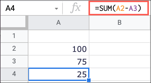 SumMinusSignCellReferences-GoogleSheetsSubtract كيفية طرح الأرقام في Google Sheets