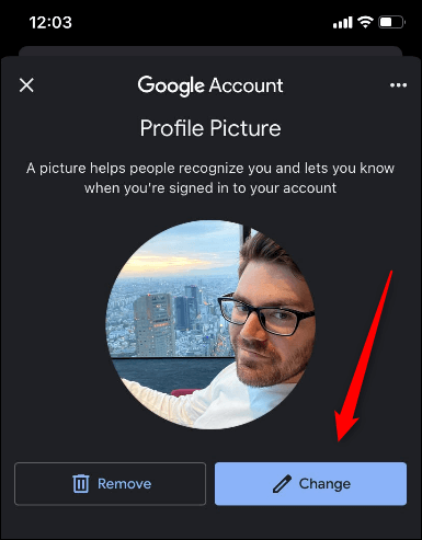 Tap-the-Change-button. كيفية تغيير صورة ملف تعريف Google الخاص بك