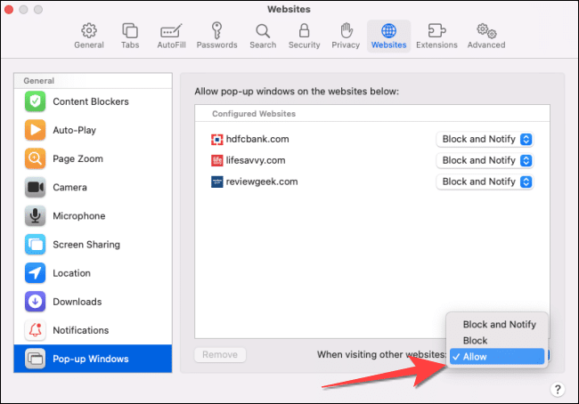 Use-drop-down-in-bottom-right-to-select-allow-1 كيفية تعطيل أداة حظر النوافذ المنبثقة في Chrome و Firefox و Edge و Safari