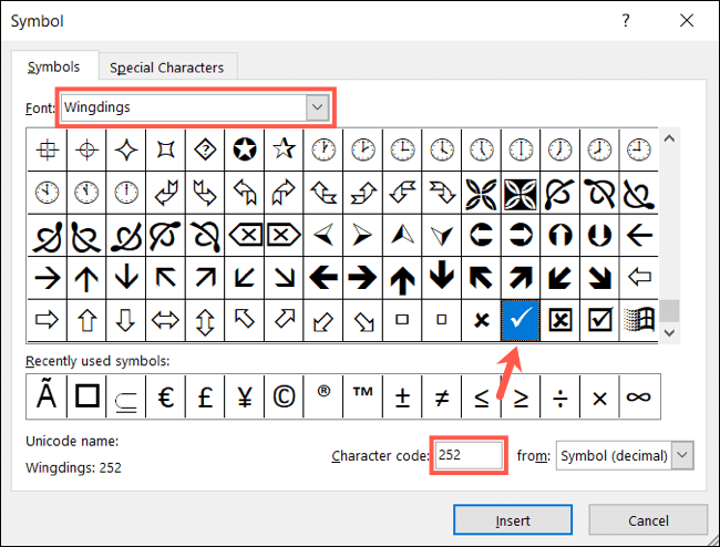 Wingdings252-ExcelCheckMark كيفية إدراج علامة اختيار في Microsoft Excel